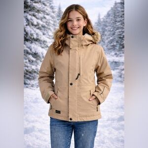 Girl’s M Volcom So Minty Tan Hooded Insulated Jacket Faux Fur NWT